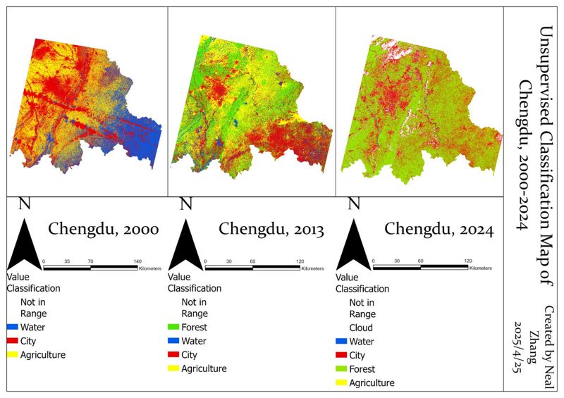 Unsupervised land-cover classification maps of Chengdu for 2000, 2013 and 2024