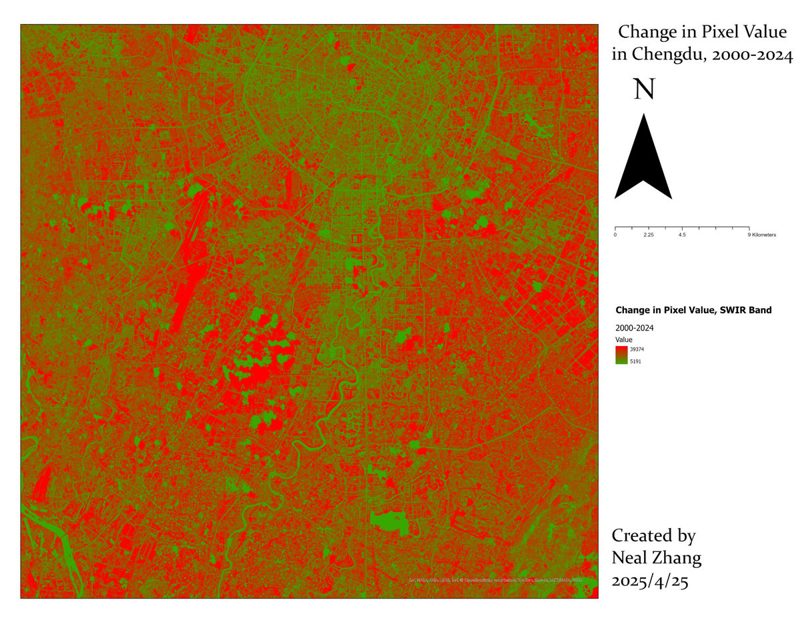 Map of SWIR pixel-value change across Chengdu, 2000 to 2024